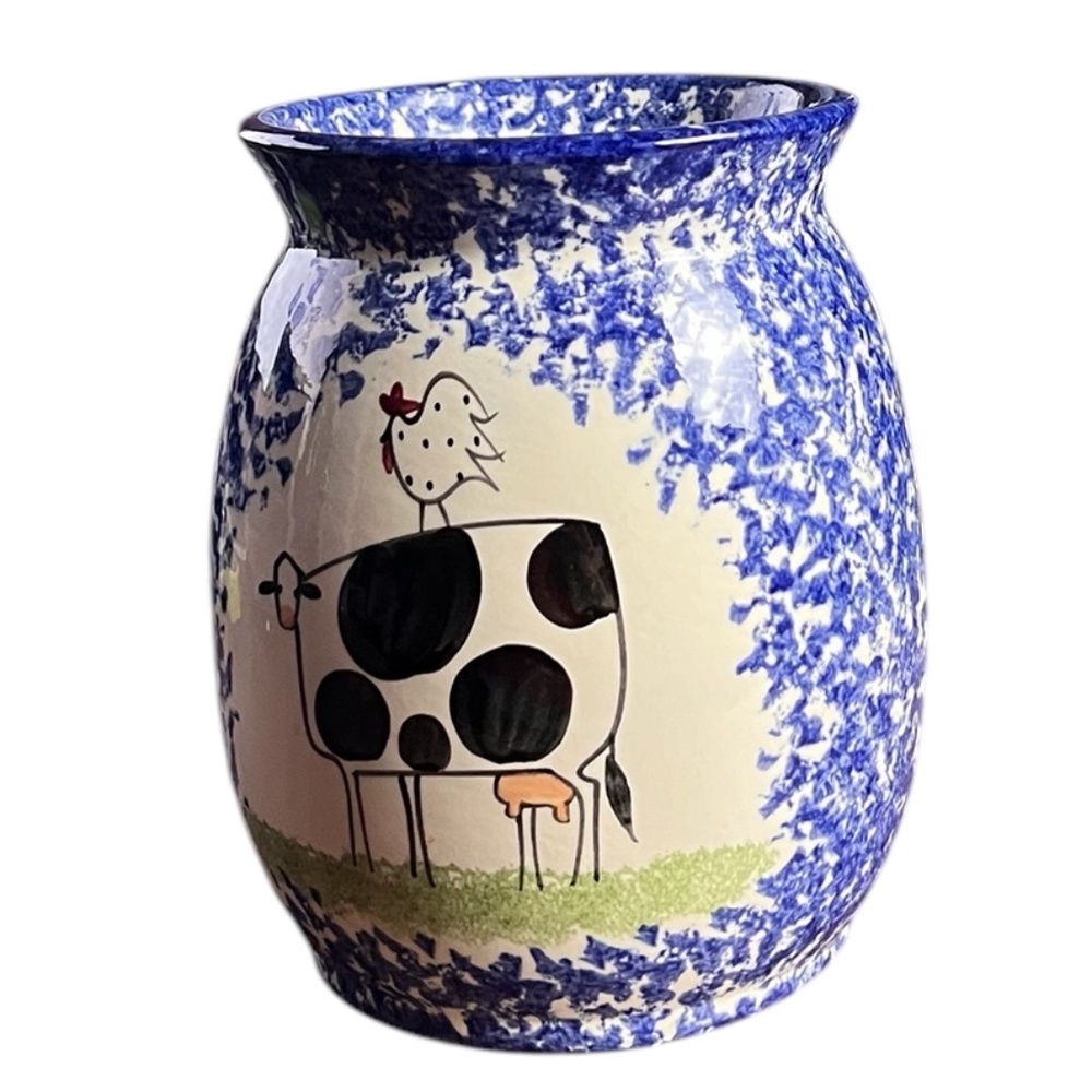 Molly Dallas Vintage Cows Blue Spatterware Vase Farmhouse 6 3/4" by 5" VTG Used